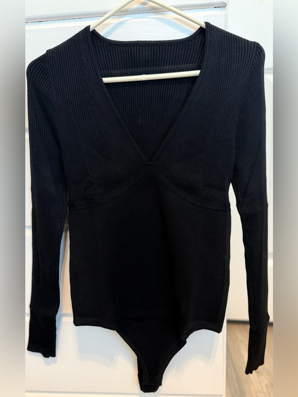 Slim Fit Black Ribbed V-Neck Long Sleeve Bodysuit